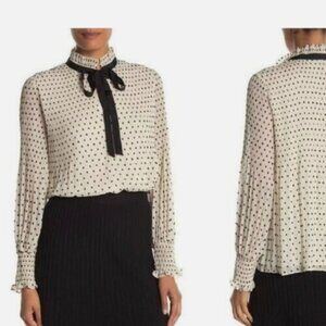 Max Studio Pleated Swiss Dot Necktie Lined Blouse - Size Medium
